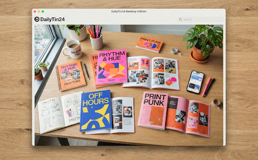 Colourful indie print zines on a studio table