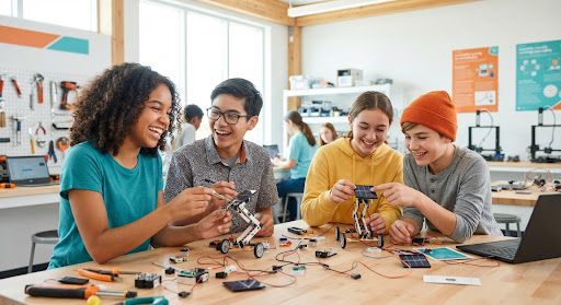 Students building solar micro-robotics models